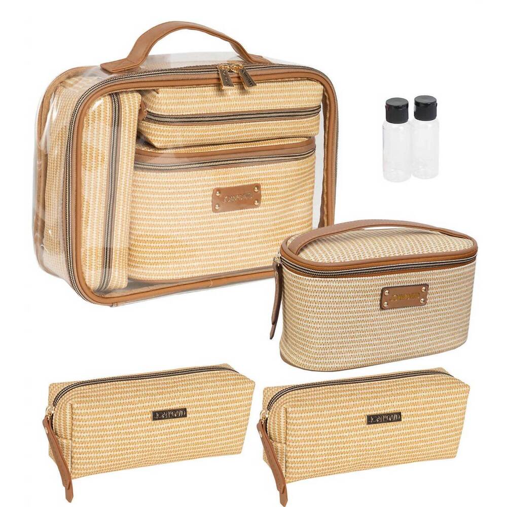NEW JOAN & DAVID women's straw texture 4 piece clear cosmetic bag set in natural